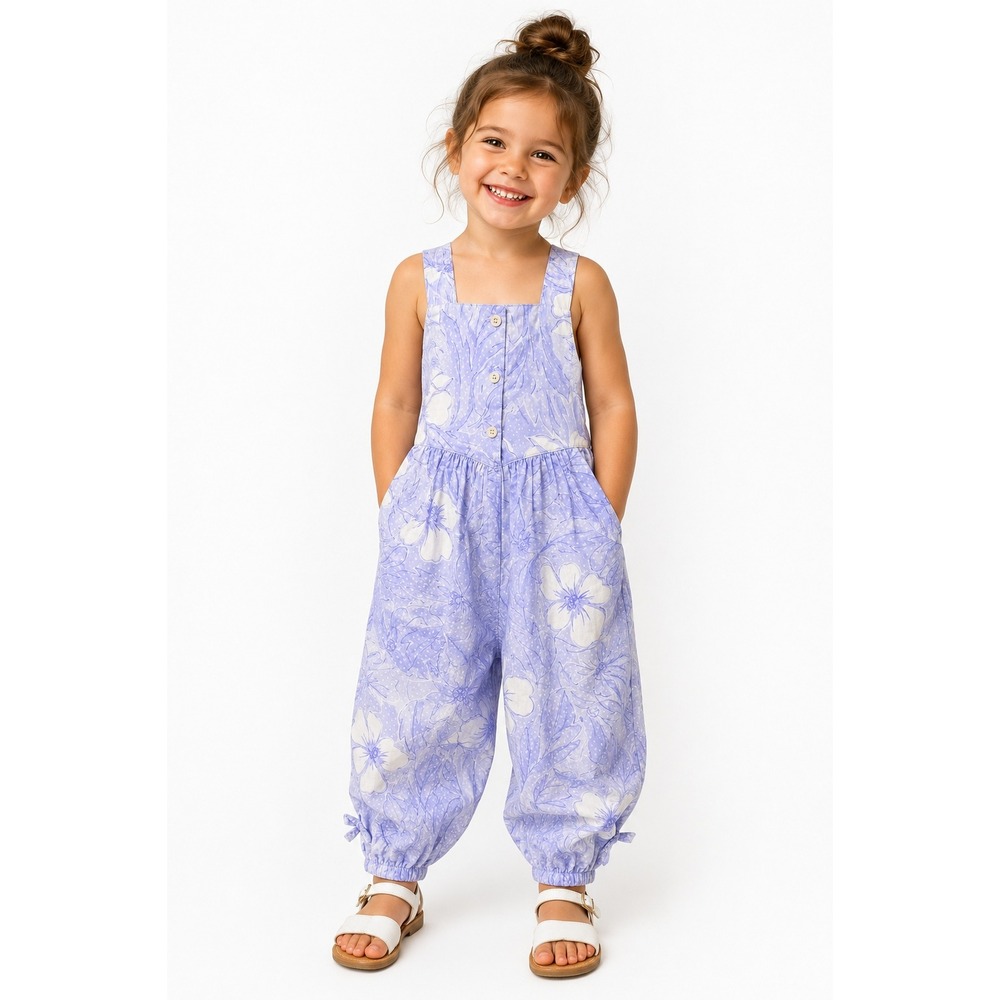CARY San Fran Girls Blue Floral Polka Dot Jumpsuit Bow Ankle 3T Vintage 90's